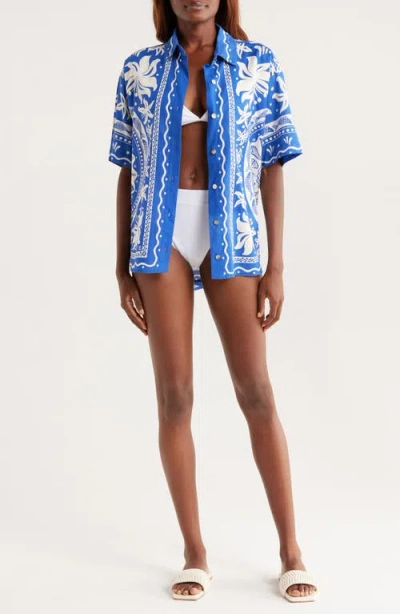 Farm Rio Ocean Oversize Linen Blend Cover-up Button-up Shirt