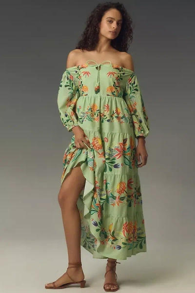 Farm Rio Off-the-shoulder Long-sleeve Tiered Floral Midi Dress In Multicolor