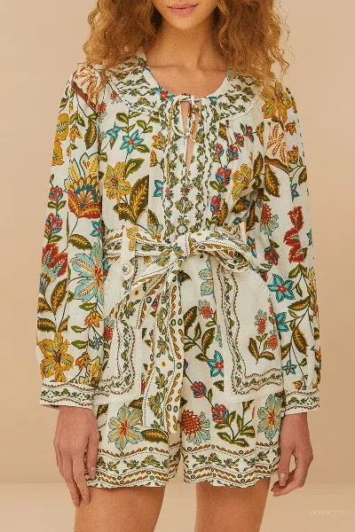 Farm Rio Off-white Botanicals Belted Romper In Multi