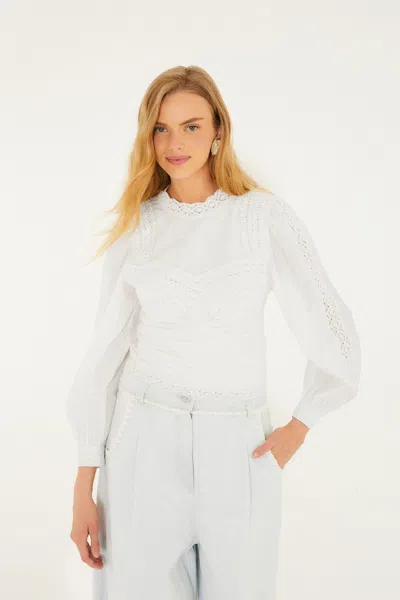Farm Rio Off-white Crew Neck Long Sleeve Crochet Blouse