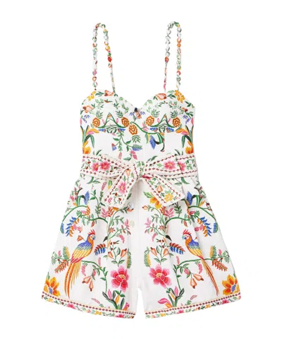 Farm Rio Off-white Delicate Forest Euroflax Premium Linen Romper In Multi