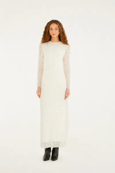Farm Rio Off-white Embroidered Crew Neck Long Sleeve Maxi Dress