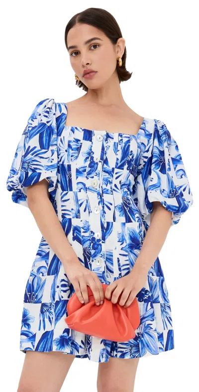 Farm Rio Garden Tiles Plaid Off-white Linen-blend Mini Dress In Blue