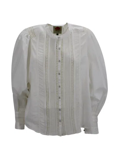 Farm Rio Off-white Long Sleeve Buttoned Lace Blouse In Neutral