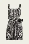 Farm Rio Monochrome Elegance Belted Shirred Printed Linen-blend Playsuit