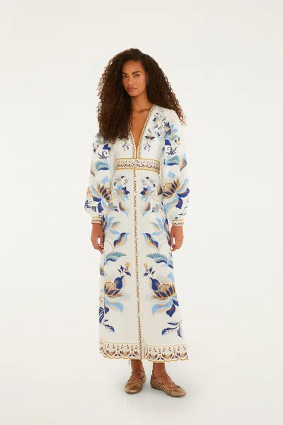Farm Rio Off-white Mystic Blue Lotus Dreamscape Lenzing Ecovero Euroflex Maxi Dress