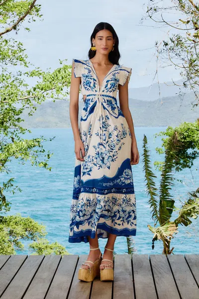 Farm Rio Off-white Porcelain Garden Butterlfy Lenzing Ecovero Euroflax Midi Dress