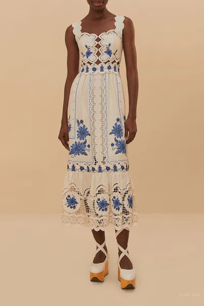 FARM RIO OFF-WHITE RICHELIEU SUNFLOWER MIDI DRESS