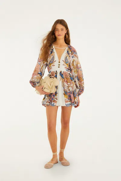Farm Rio Off-white Sea Garden Puff Sleeve Mini Bubble Dress In Multi