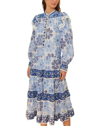 Farm Rio Off-white Stitched Flowers And Girls Long Sleeve Midi Dress In Blue