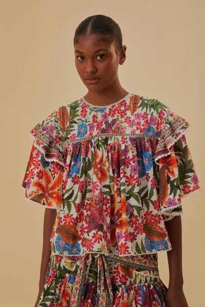 Farm Rio Off-white Tropical Yard Blouse In Pink