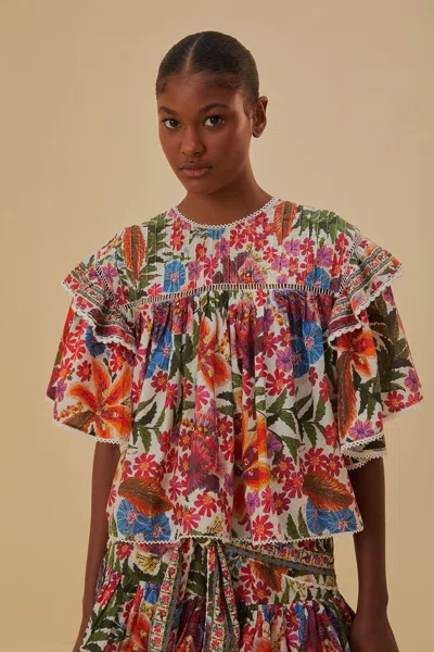 Farm Rio Off-white Tropical Yard Blouse In Tropical Yard Off-white