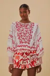 Farm Rio Off White With Red Embroidery Long Sleeve Blouse In Multi