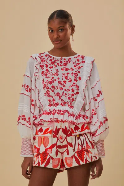 Farm Rio Off White With Red Embroidery Long Sleeve Blouse In Multi