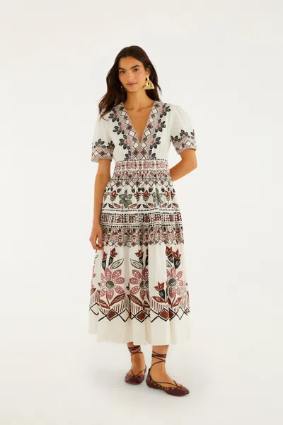 Farm Rio Off-white Ainika Rustic Flowers Short Sleeve Maxi Dress In Neutral