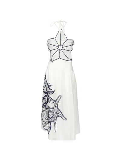 Farm Rio Long White And Blue Dress With Graphic Print And Star Bodice