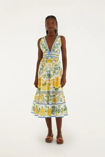 Farm Rio Off-white Emily Floral Tapestry Rope Ties Midi Dress In Multi