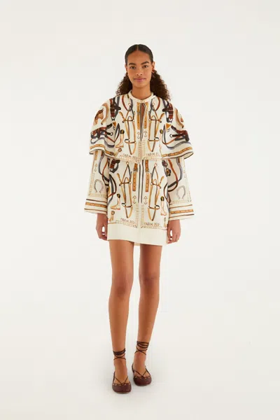 Farm Rio Off-white Equestrian Scarf Cape Mini Dress In Equestrian Scarf Winter White