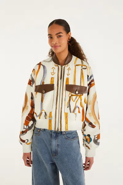 Farm Rio Off-white Equestrian Scarf Pockets Bomber Jacket In Orange