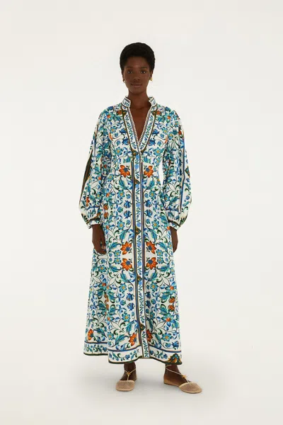 Farm Rio Flora Tile Linen-blend Maxi Dress In Blue