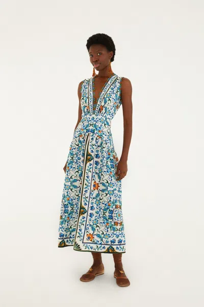 Farm Rio Off-white Flora Tile Scallop Euroflax Premium Linen Maxi Dress In Multi