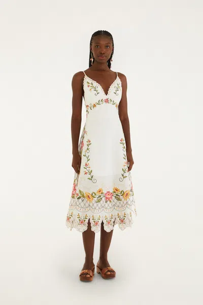 Farm Rio Off-white Flower Embroidery Asymetric Hem Midi Dress