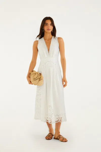 Farm Rio Off-white Richelieu V Neck Sleeveless Midi Dress