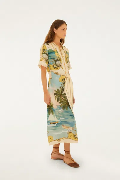 Farm Rio Off-white Royal Sea Collared Lenzing Ecovero Euroflax Midi Dress In Multi