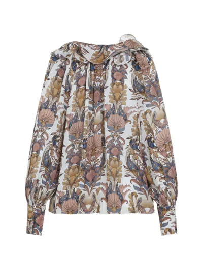 Farm Rio Off-white Sea Garden Ruffled Long Sleeve Blouse In Multi