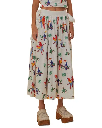 Farm Rio Off-white Stitched Birds Side Bow Midi Skirt In Neutral