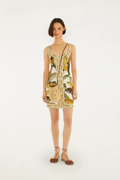 Farm Rio Off-white Trancoso Buttoned Euroflax Premium Linen Mini Dress In Brown