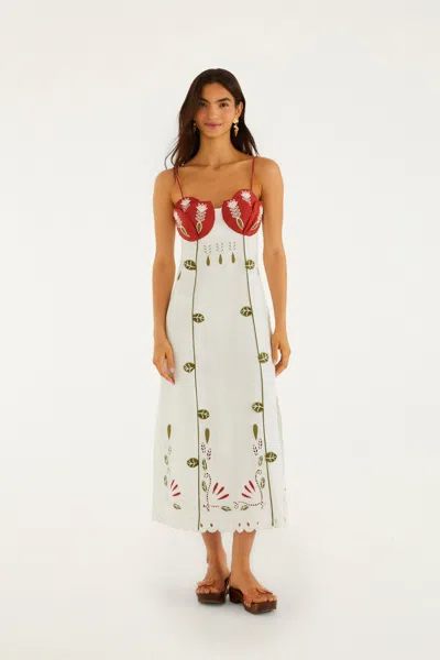 Farm Rio Off-white Tulip Richelieu Embroidered Midi Dress