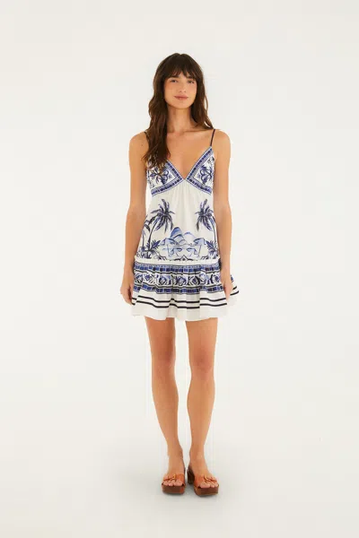 Farm Rio Off-white Wonderful City Organic Cotton Mini Dress In Blue
