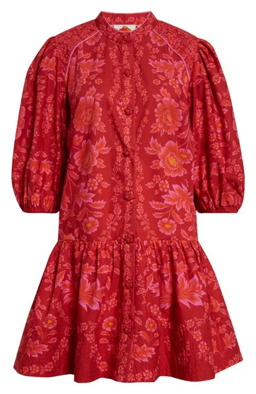 Farm Rio Olivia Puff Sleeve Drop Waist Cotton Minidress In Olivia Red |  ModeSens