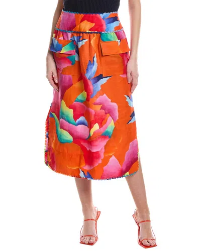 Farm Rio Ombre Chita Linen Midi Skirt In Orange