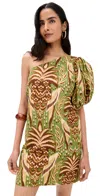 Farm Rio One Shoulder Buttoned Mini Dress Pineapple Tapestry Green