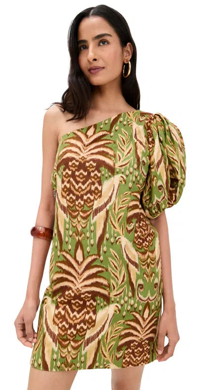 Farm Rio One Shoulder Buttoned Mini Dress Pineapple Tapestry Green