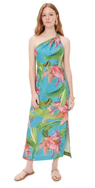 Farm Rio One Shoulder Midi Dress Lily Bloom Blue