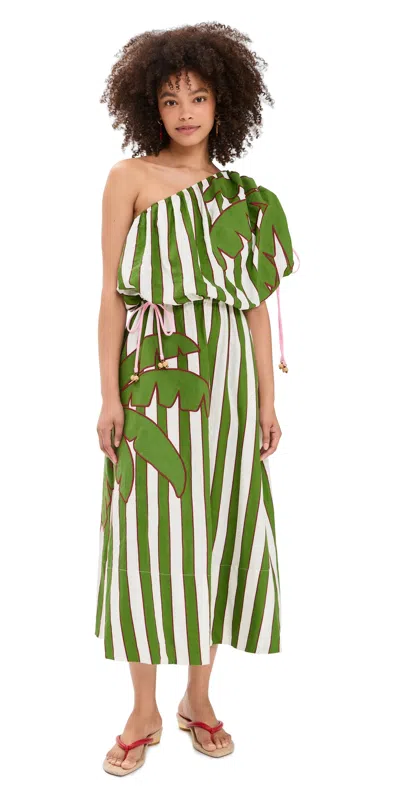 Farm Rio One Shoulder Midi Dress Off-white In Green