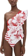 Farm Rio One Shoulder One Piece Floral Chain Stripes Multi In Floral Chain Stripes Multi
