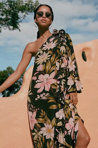 FARM RIO ONE-SHOULDER RUFFLE-HEM DRESS