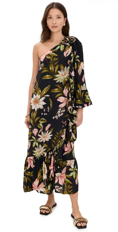 Farm Rio One Shoulder Ruffled Maxi Dress Surreal Flowers Black In Multicolor