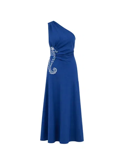 Farm Rio Embroidered Seahorse One-shoulder Linen Dress In Blue