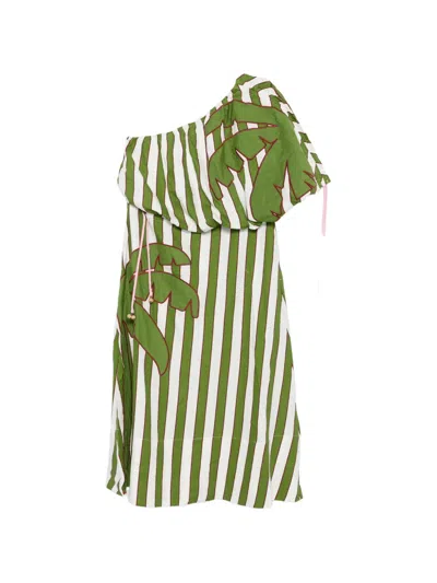 Farm Rio One-shoulder Striped Midi Dress In Green