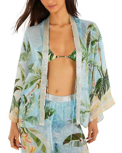 Farm Rio Open Front Embroidered Detail Blouse Swim Cover-up In Blue