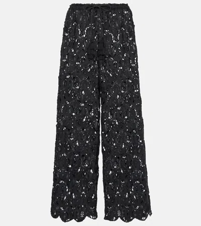 Farm Rio Seashell Tassled Broderie Anglaise Cotton Wide-leg Pants In Black