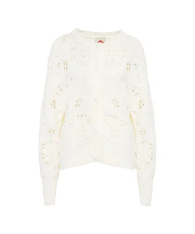 Farm Rio Openwork Knit Cardigan With Flower Motif In White