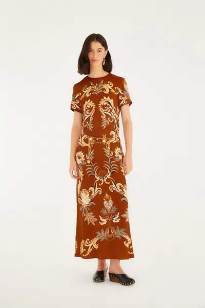 Farm Rio Orange Arabesque Paradise Lenzing Ecovero Viscose Maxi Dress In Brown