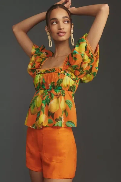 Farm Rio Orange Chic Pears Short-sleeve Blouse In Multicolor