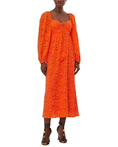 Farm Rio Orange Lace Long Sleeve Midi Dress
